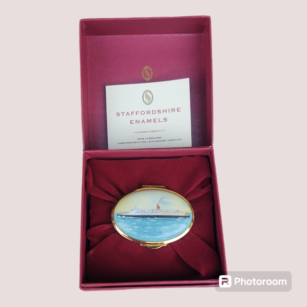 Staffordshire Enamels oval trinket box, Harrod's Cruise Ship original box